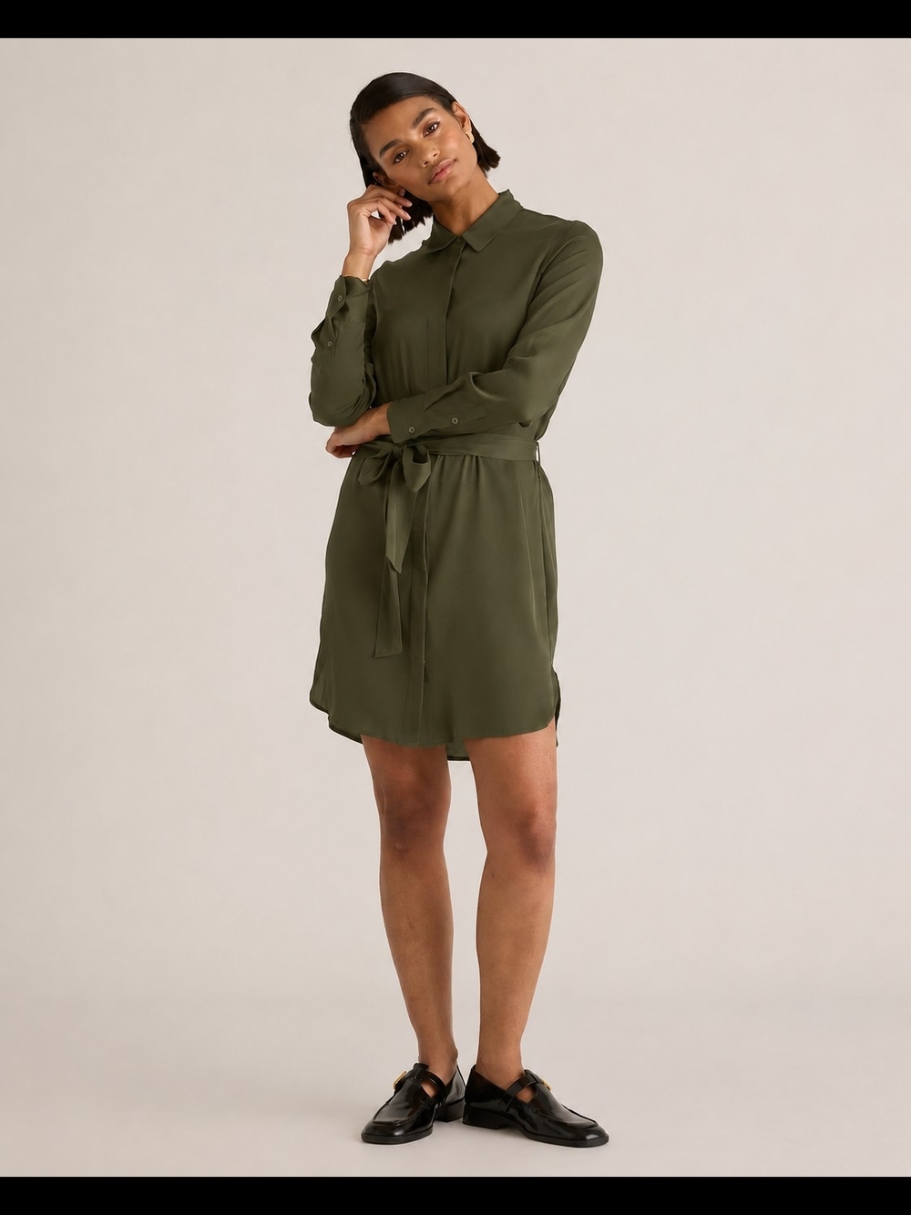 Quince Olive Green Long-Sleeve Silk Shirt Dress with Waist Tie
